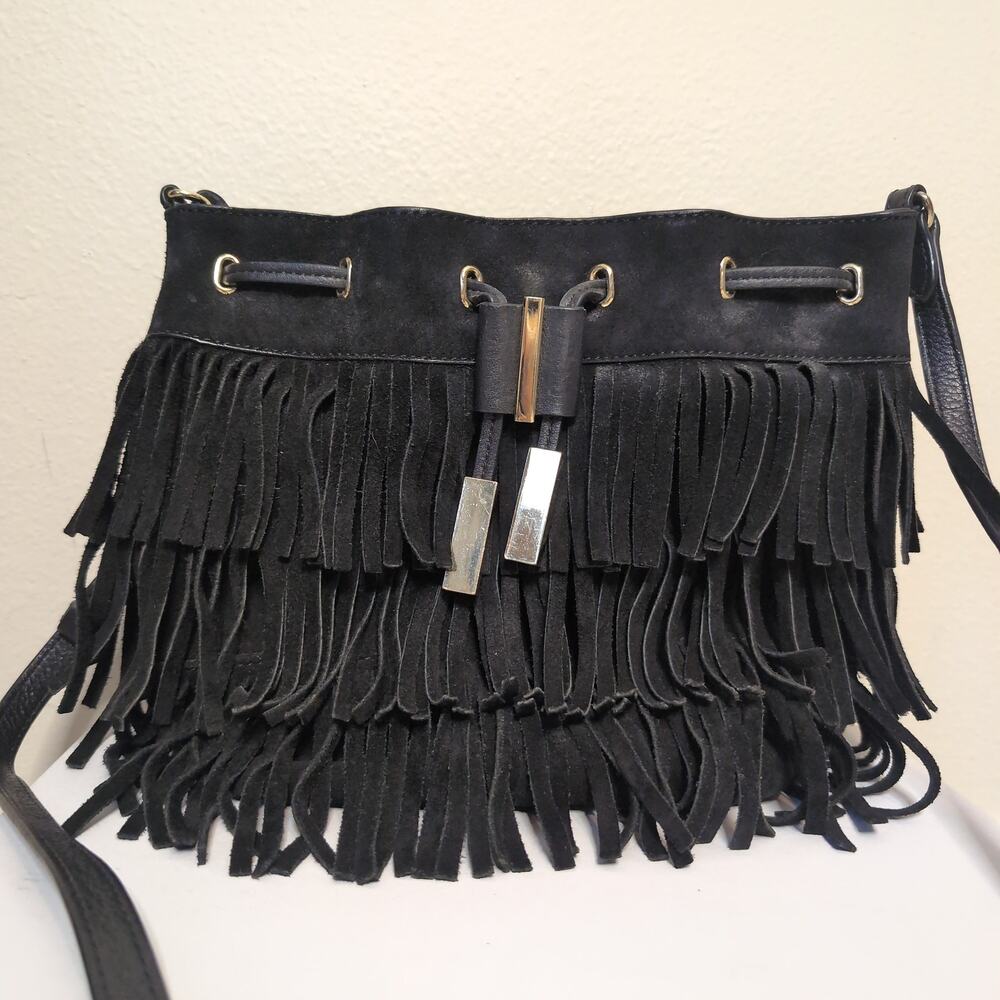 Tiered Fringe Suede Crossbody Bucket Bag